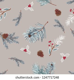 Pine branches and cones on gray background,scattered random. Vector seamless pattern for fashion prints.