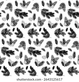 Pine branches and cones Seamless pattern. Vector graphic line ink illustration. Winter holiday background for banners, print for fabric, labels, t-shirt printing.
