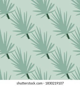 Pine branches foliage print seamless pattern, Pastel blue coniferous twigs backdrop. Minimalistic style. Designed for fabric design, textile print, wrapping, cover. Vector illustration.
