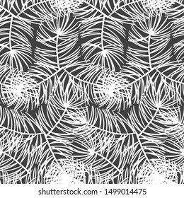 Pine branches. Hand drawn vector seamless pattern on black  background. 