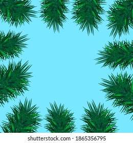 Pine branches on a blue background. Idea for the holiday, new year and poster. Vector Illustration.