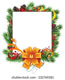 Pine branches, orange bow, ribbons and red berries on white background.
