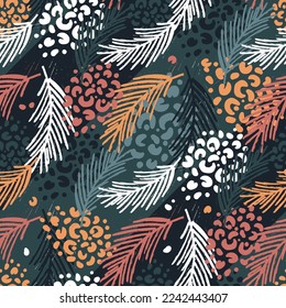 Pine branches and planter spots abstract ornaments, seamless pattern with vector hand drawn illustrations