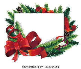  Pine branches, red bow and ribbons on white background