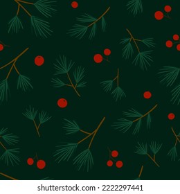 Pine branches and rowan berries seamless pattern. Vector background for Christmas design, fabric, wrapping paper and holiday textile.