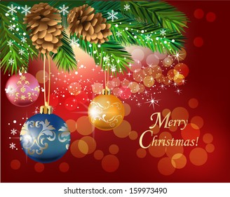 Pine branches with shiny balls on red background