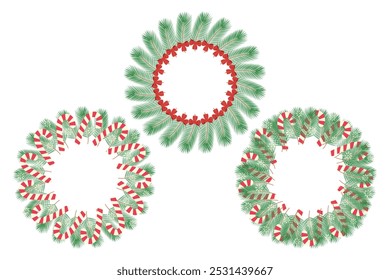 Pine branches with striped candy cane, snowflakes and bow ribbon Circle Christmas Frames. Copy space