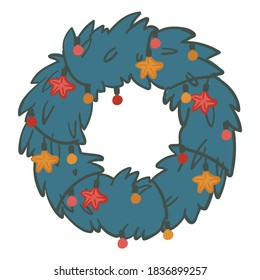 Pine branches wreath with glowing garlands and stars, decorative circle of juniper twigs for xmas. Christmas and new year celebration, evergreen fir symbolic for winter. Vector in flat style