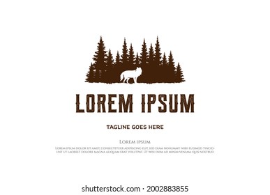 Pine Cedar Conifer Coniferous Evergreen Fir Larch Cypress Hemlock Tress Forest with Wolf Dog Jackal for Camp Outdoor Adventure Logo Design Vector