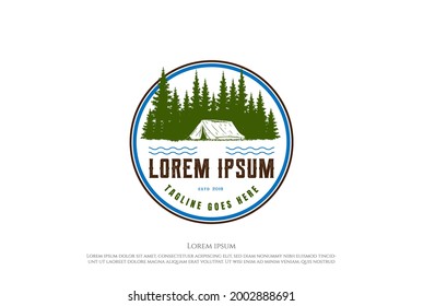 Pine Cedar Conifer Coniferous Evergreen Fir Larch Cypress Hemlock Tress Forest and River Lake Creek with Tent for Camp Outdoor Adventure Logo Design Vector