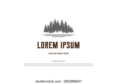 Pine Cedar Conifer Coniferous Evergreen Fir Larch Cypress Hemlock Tress Forest and River Lake Creek and for Camp Outdoor Adventure Logo Design Vector