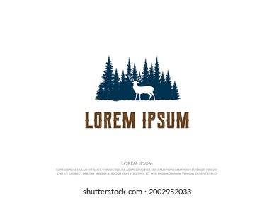 Pine Cedar Conifer Evergreen Fir Spruce Hemlock Larch Cypress Trees Forest with Deer Antler Reindeer Elk for Wilderness Adventure or Hunting Logo Design Vector
