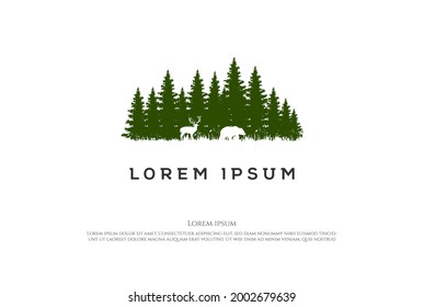 Pine Cedar Conifer Larch Hemlock Cypress Fir Evergreen Spruce Trees Forest with Bear Wolf and Deer for Wild Conservation Logo Design Vector