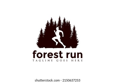 Pine Cedar Evergreen Conifer Larch Cypress Trees Forest with Marathon Running Man Male for Sport Logo Design