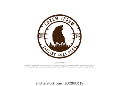 Pine Cedar Spruce Conifer Fir Evergreen Larch Cypress Hemlock Trees Forest with Roaring Ice Polar Grizzly Bear for Outdoor Camping Adventure Logo Design Vector