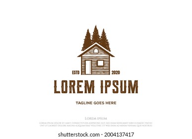 Pine Cedar Spruce Cypress Tree Forest Wooden House Cabin Real Estate Logo Design Vector