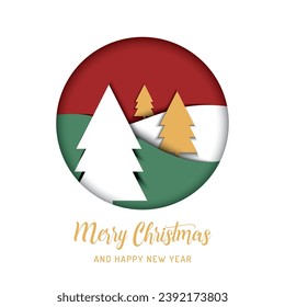 pine christmas on circle paper art design vector in red, green, white and gold color