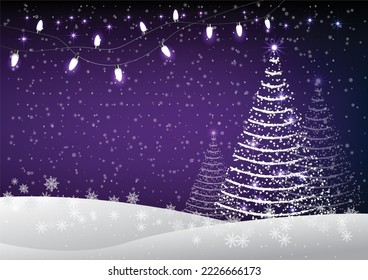 Pine christmas tree under little light bulbs and falling snow.