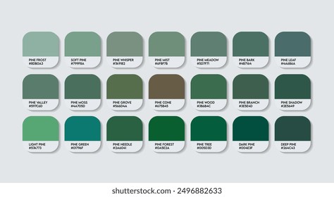 Pine Color Palette, Pine Color Guide Palette with Color Names. Catalog Samples of Dark Green with RGB HEX codes and Names. Green Colors Palette Vector, Fashion Trend Pine Green Color shade tones