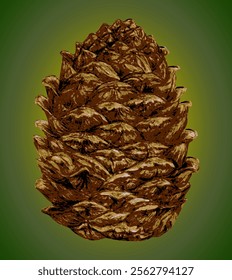 Pine Cone with Artistic Detailing with Textured Design.
Digital illustration of a pine cone with intricate brown textures, set against a gradient green background