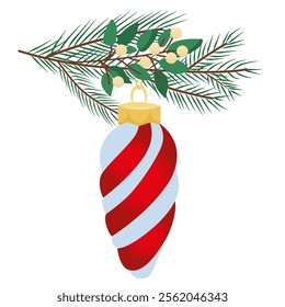 Pine cone with blue and red stripes Christmas tree toy on a fir branch. A perfect element for a festive mood. Vector illustration for a poster, greeting card and design for kids.