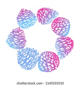 Pine cone border frame made in hand drawn style. Vector illustration.
