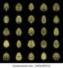 Pine cone botanical icons set. Outline set of pine cone botanical vector icons neon color on black