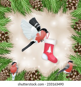 Pine cone with branch and bullfinch with socks