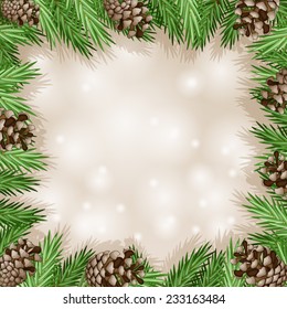 Pine cone with branch and snowflakes 