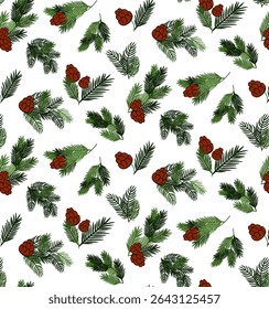 Pine cone and branches Seamless pattern. Vector graphic line ink illustration. Silhouette sign for logo, print, comics, fashion, pop art, boards, design, stickers, decoration, posters