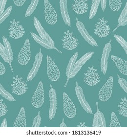 Pine cone brunch seamless pattern, white line, in doodle style, traditional New Year and Christmas plants. Modern ornate for decoration xmas on blue background.