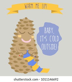 Pine cone character knitting a shawl for a lover_card