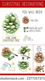 Pine cone Christmas tree with snow. Easy-to-make Christmas decorations. Step-by-step instruction.  Christmas game for kids. A page for a book, flyer, banner. Vector illustration.