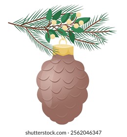 Pine cone Christmas tree toy on a fir branch. A perfect element for a festive mood. Vector illustration for a poster, greeting card and design for kids.