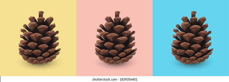 Pine cone. Dry coniferous cone. Isolated realistic 3d object presented on yellow, red and blue background. Seasonal traditional holiday design element. Pinecone icon, symbol, decor. Vector graphics