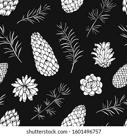 Pine cone and fir tree seamless pattern.  Botanical hand drawn vector background. Great for greeting cards, backgrounds, holiday decor. Background for Christmas and New Year design.