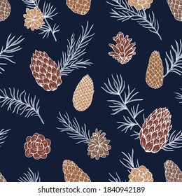 Pine cone and fir tree seamless pattern.  Botanical hand drawn vector background. Great for greeting cards, backgrounds, holiday decor. Background for Christmas and New Year design.