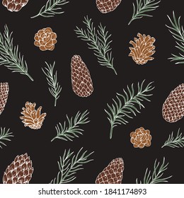 El cono de pino y el árbol de abeto son un patrón sin fisuras.  Fondo del vector dibujado a mano botánico. Ideal para tarjetas de felicitación, fondos, decoración de vacaciones. 