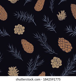 El cono de pino y el árbol de abeto son un patrón sin fisuras.  Fondo del vector dibujado a mano botánico. Ideal para tarjetas de felicitación, fondos, decoración de vacaciones. Antecedentes del diseño de Navidad y Año Nuevo.