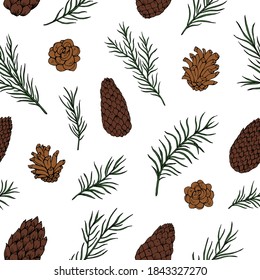 Pine cone and fir tree seamless pattern.  Botanical hand drawn vector background. Great for greeting cards, backgrounds, holiday decor. 