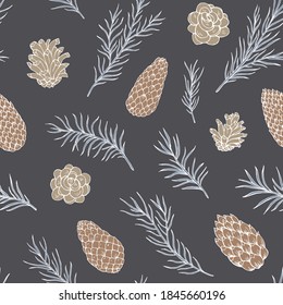 Pine cone and fir tree seamless pattern.  Botanical hand drawn vector background. Great for greeting cards, backgrounds, holiday decor. Background for Christmas and New Year design.