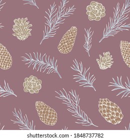 Pine cone and fir tree seamless pattern.  Botanical hand drawn vector background. Great for greeting cards, backgrounds, holiday decor. Background for Christmas and New Year design.
