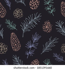 Pine cone and fir tree seamless pattern.  Botanical hand drawn vector background. Great for greeting cards, backgrounds, holiday decor. Background for Christmas and New Year design.