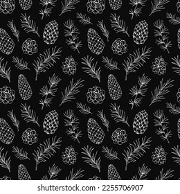 Pine cone and fir tree seamless pattern. Botanical hand drawn. Great for greeting cards, backgrounds, holiday decor. Background for Christmas and New Year design.