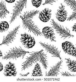 Pine cone and fir tree seamless pattern. Botanical hand drawn vector background. Isolated xmas pinecones. Engraved forest collection. Great for greeting cards, backgrounds, holiday decor