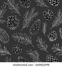 Pine cone and fir tree vector seamless pattern. Botanical hand drawn vector background. Great for greeting cards, backgrounds, holiday decor. Background for Christmas and New Year design.