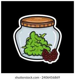 Pine Cone Flavor With Cartoon Mascot of Weed Bud On Jar. For Sticker and label. Vector and Illustration.