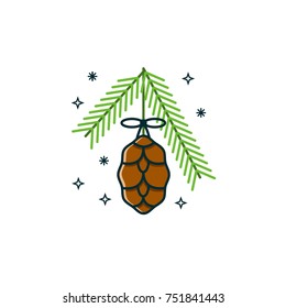 Pine cone hanging on the Christmas tree branches. Pinecone flat color line icon on isolated white background. Vector illustration of New Year and Xmas decoration.