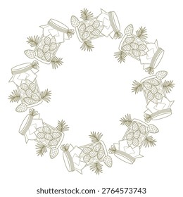Pine Cone Homemade Jam Wreath. Circular Frame With Monochrome Line Art Glass Jars, Coniferous Branches And Young Cones. Botanical Round Border. Line drawing, coloring. Vector Illustration