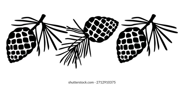 Conjunto de iconos de cono de pino. Otoño Elementos naturales. Blanco y negro. Ilustración vectorial dibujada a mano. Plantilla de diseño de tarjeta de felicitación. Concepto de decoración